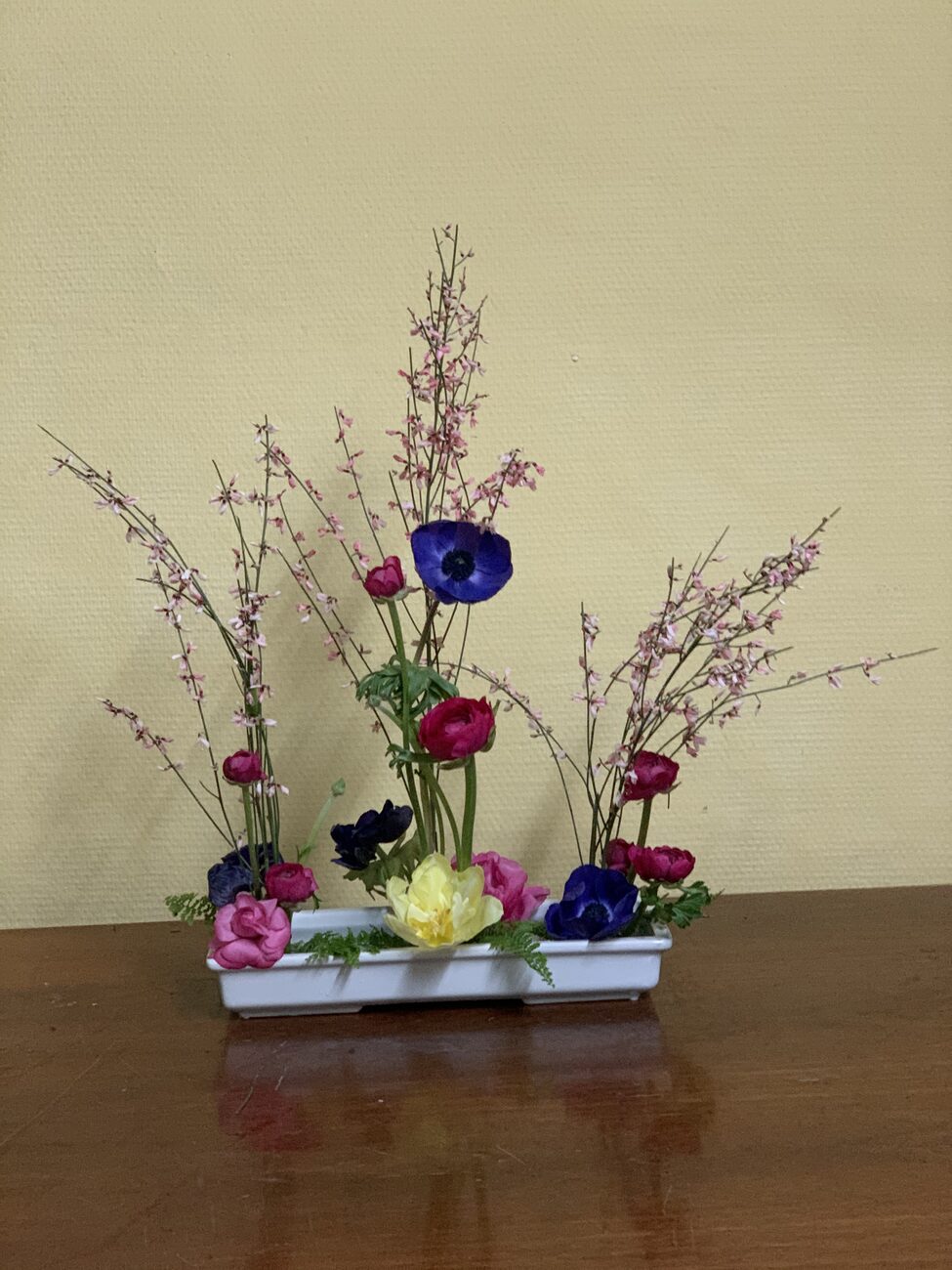 Ikebana mit Frühlingszweigen und Anemonen im KABUKI